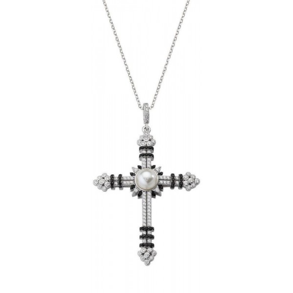 Image of the Amen Silver Cross Necklace with zircons for women CLCRGOBBN